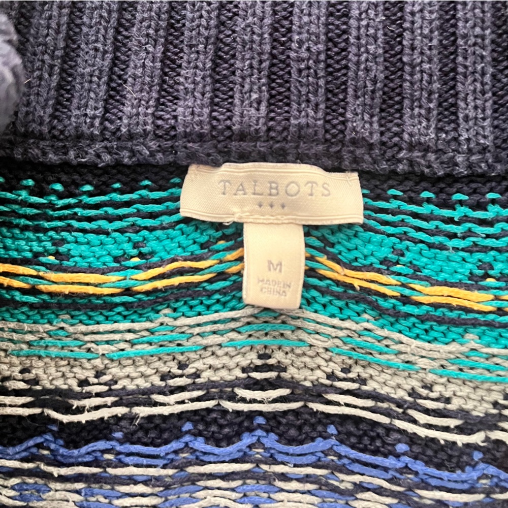 Talbots Fair Isle Full Zip Sweater M 100% Cotton Navy Nordic Cardigan scandi - Picture 6 of 8